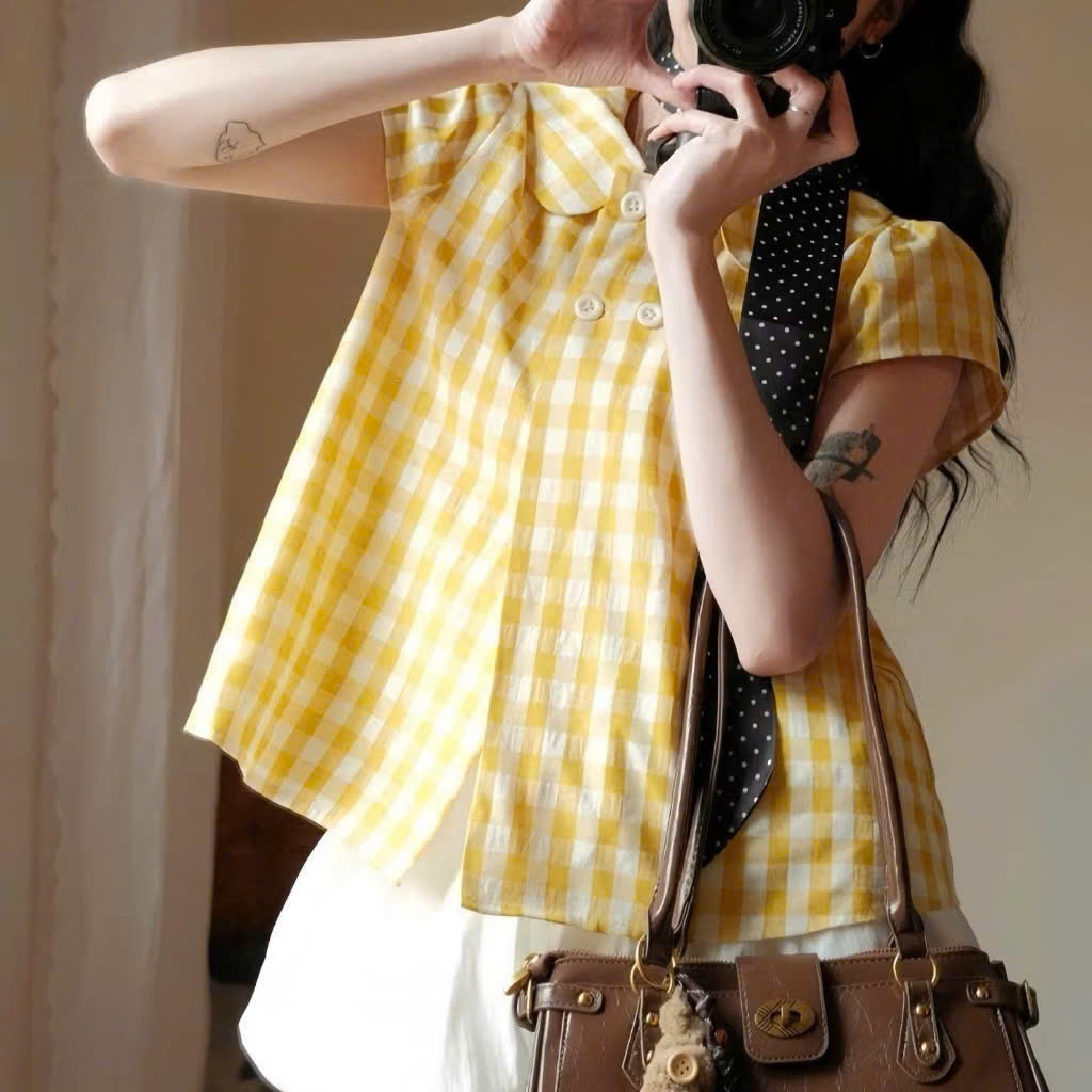 Set Áo Babydoll Kẻ Caro Tay Phồng Joolate  Mix Chân Váy Bí – Set Đồ Nữ Dễ Thương Hàn Quốc Mùa Hè 1211