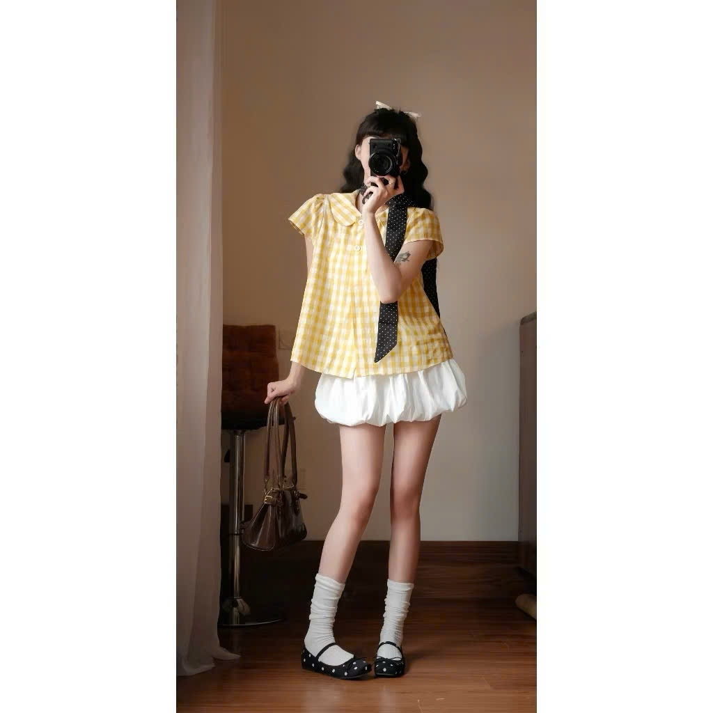 Set Áo Babydoll Kẻ Caro Tay Phồng Joolate  Mix Chân Váy Bí – Set Đồ Nữ Dễ Thương Hàn Quốc Mùa Hè 1211
