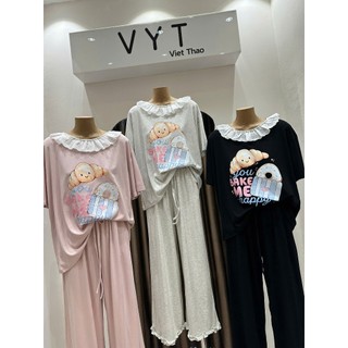 Set Bộ Đồ Nữ Thun Zip In Bánh Mì Áo Cổ TRòn Phối Viền Ren Trắng Mix Quần Suông Dài Ống Rộng