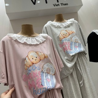 Set Bộ Đồ Nữ Thun Zip In Bánh Mì Áo Cổ TRòn Phối Viền Ren Trắng Mix Quần Suông Dài Ống Rộng