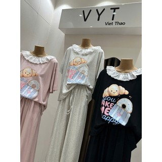 Set Bộ Đồ Nữ Thun Zip In Bánh Mì Áo Cổ TRòn Phối Viền Ren Trắng Mix Quần Suông Dài Ống Rộng