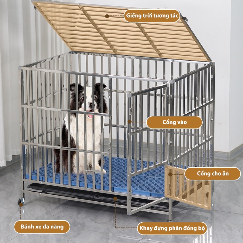 Lồng chó bằng thép không gỉ, lồng chó gấp gọn, lồng chó cỡ lớn, bền chắc, phù hợp với chó lớn.
