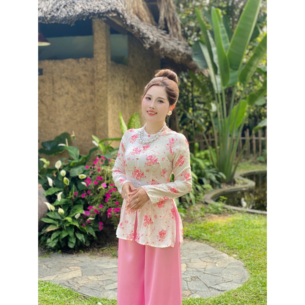 Hân Nguyễn Áo Bà Ba - B.A81 - ( FORM DÁNG DÀI ) Áo Bà Ba Hoạ Tiết Xinh Dây Kéo Tay Dài ( QUẦN NGỌC TRAI )