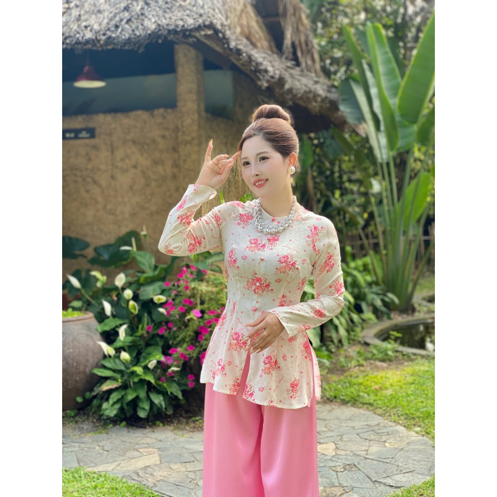 Hân Nguyễn Áo Bà Ba - B.A81 - ( FORM DÁNG DÀI ) Áo Bà Ba Hoạ Tiết Xinh Dây Kéo Tay Dài ( QUẦN NGỌC TRAI )