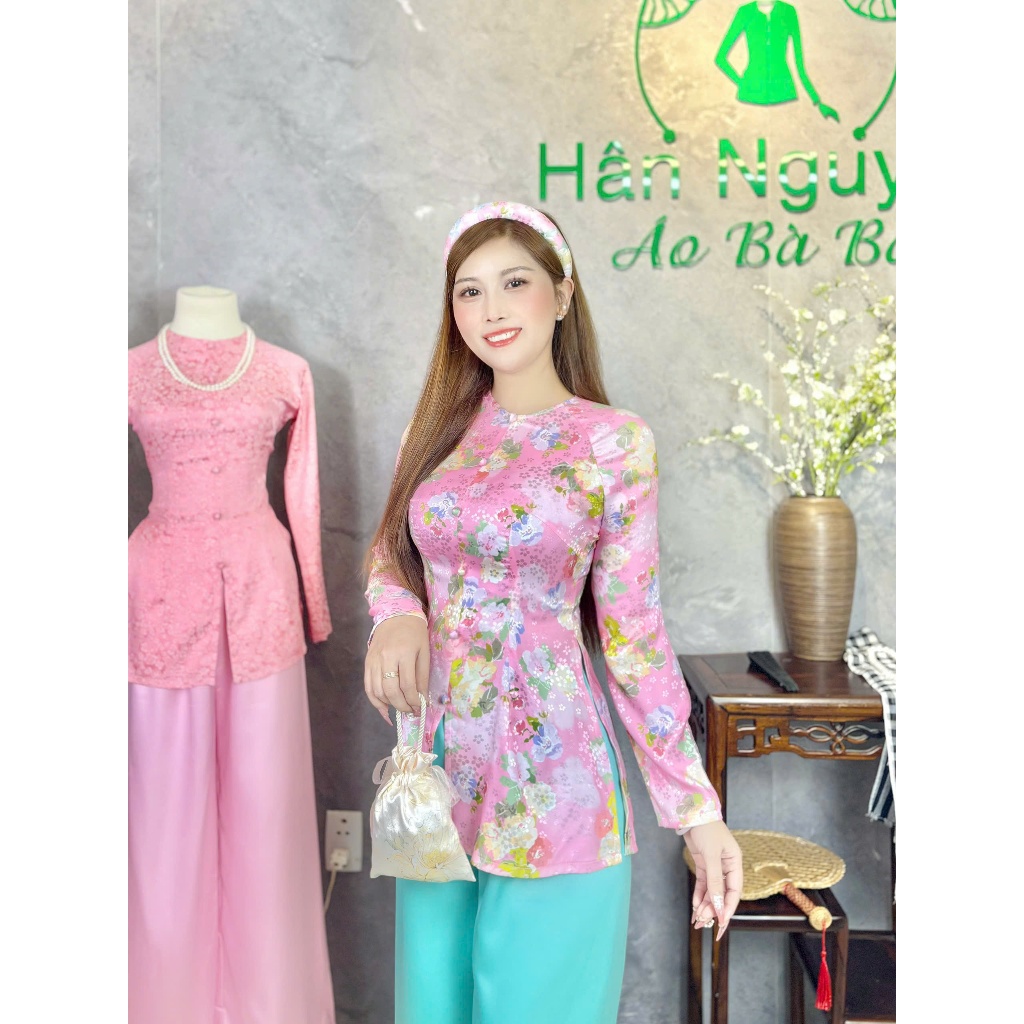 Hân Nguyễn Áo Bà Ba - B.A160 - (FORM DÁNG DÀI) Áo Bà Ba Hoa Xinh Cổ Tròn Dây Kéo (Quần Ngọc Trai)