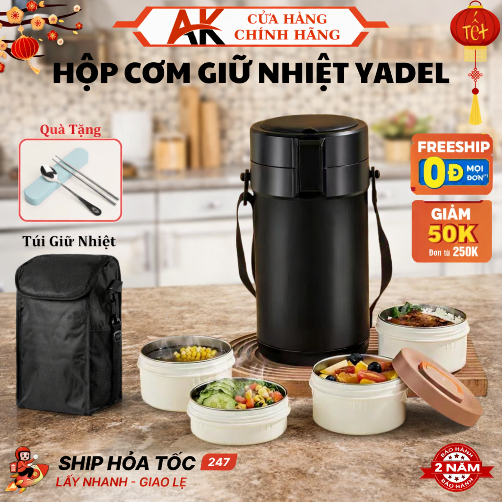 Hộp Cơm Giữ Nhiệt Yadel 2-3-4 Tầng - Có Túi Giữ Nhiệt - Inox 304 Cách Nhiệt Chống Bỏng Chống Tràn