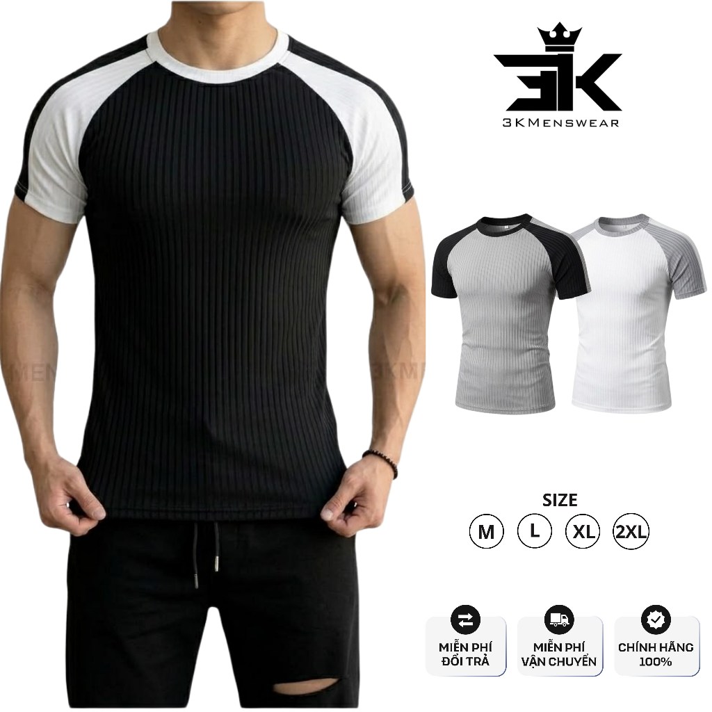 [COMBO 2] Áo Thun Nam 3KMEN Gân Đũa Thể Thao Phối Màu Đen Trắng Co Giãn 4 Chiều Trẻ Trung