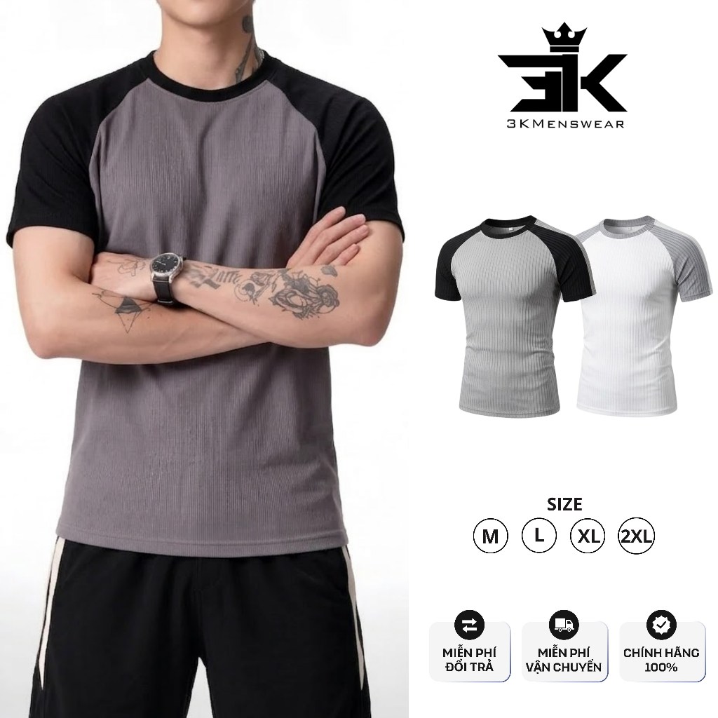 [COMBO 2] Áo Thun Nam 3KMEN Gân Đũa Thể Thao Phối Màu Đen Trắng Co Giãn 4 Chiều Trẻ Trung