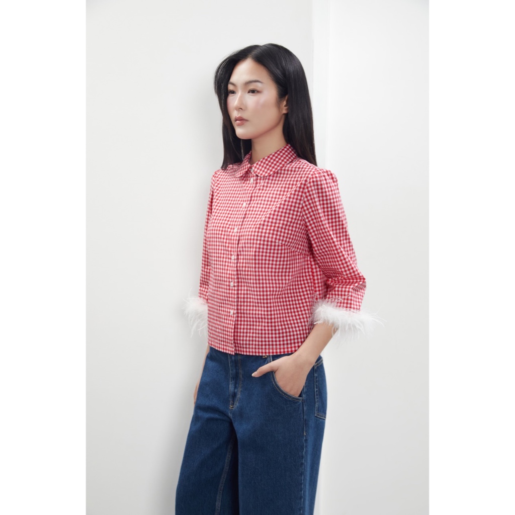 TheBlueTshirt - Áo sơ mi sọc caro cổ sen có lông vũ trang trí nữ tính - Detachable Feather Shirt