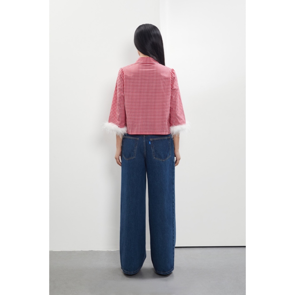 TheBlueTshirt - Áo sơ mi sọc caro cổ sen có lông vũ trang trí nữ tính - Detachable Feather Shirt