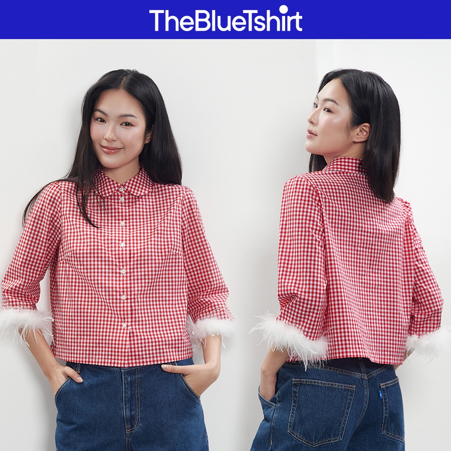 TheBlueTshirt - Áo sơ mi sọc caro cổ sen có lông vũ trang trí nữ tính - Detachable Feather Shirt
