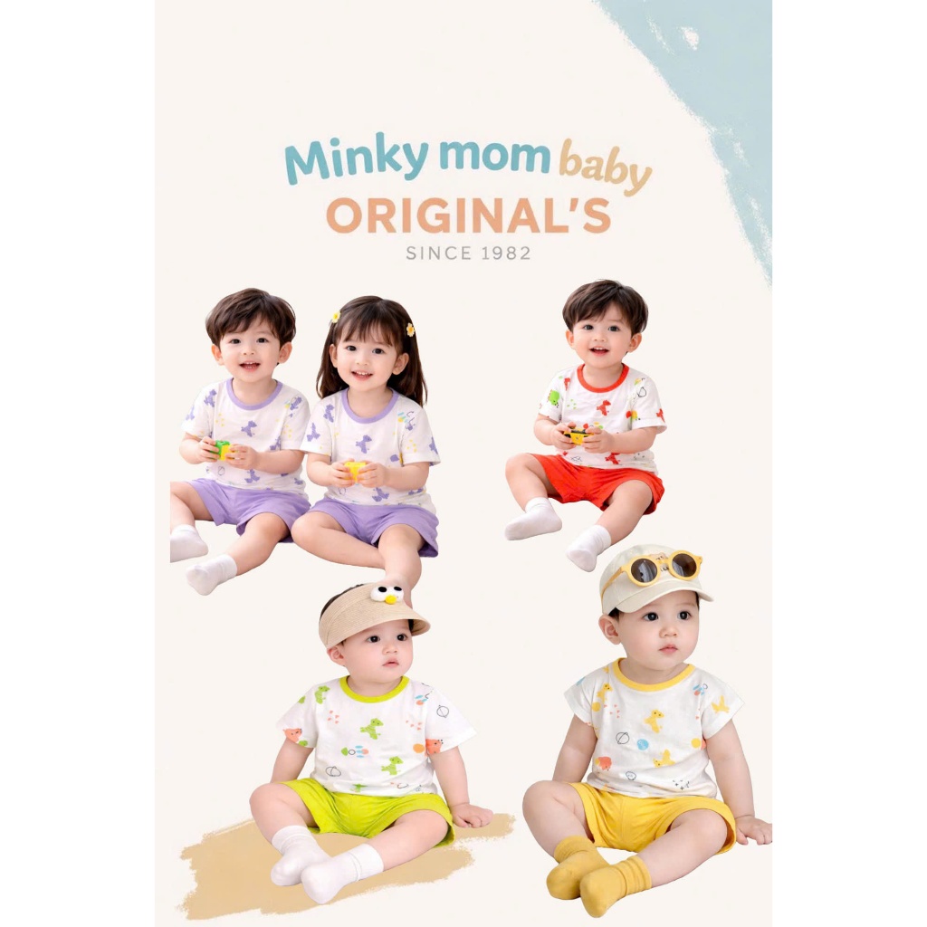 Bộ Ngắn Tay THUN LẠNH MINKY MOM In Thân Áo Trắng, Phối Viên, Quần Trơn Cho Bé TN-IN38