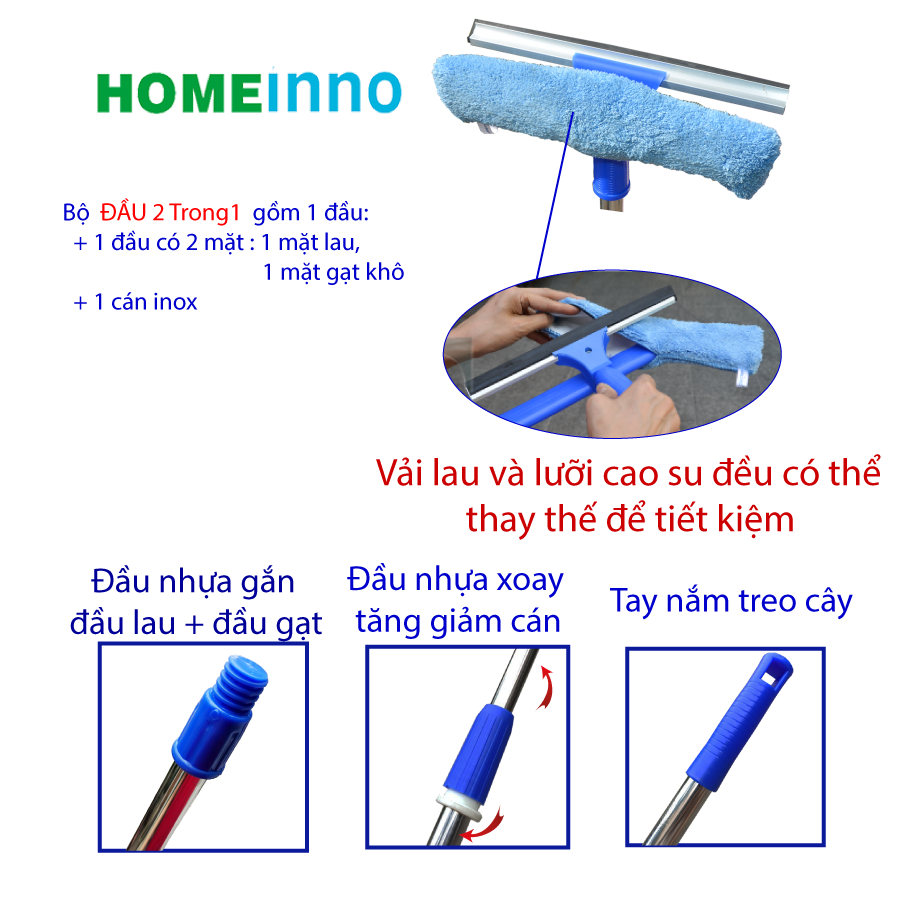 Cây Lau Kính ,Gạt Nước Kính Đầu 2 Trong 1 (1 Đầu 2 Mặt) Homeinno Cán Tăng Đơ Dài 60cm/1m4/2m/3m/4m