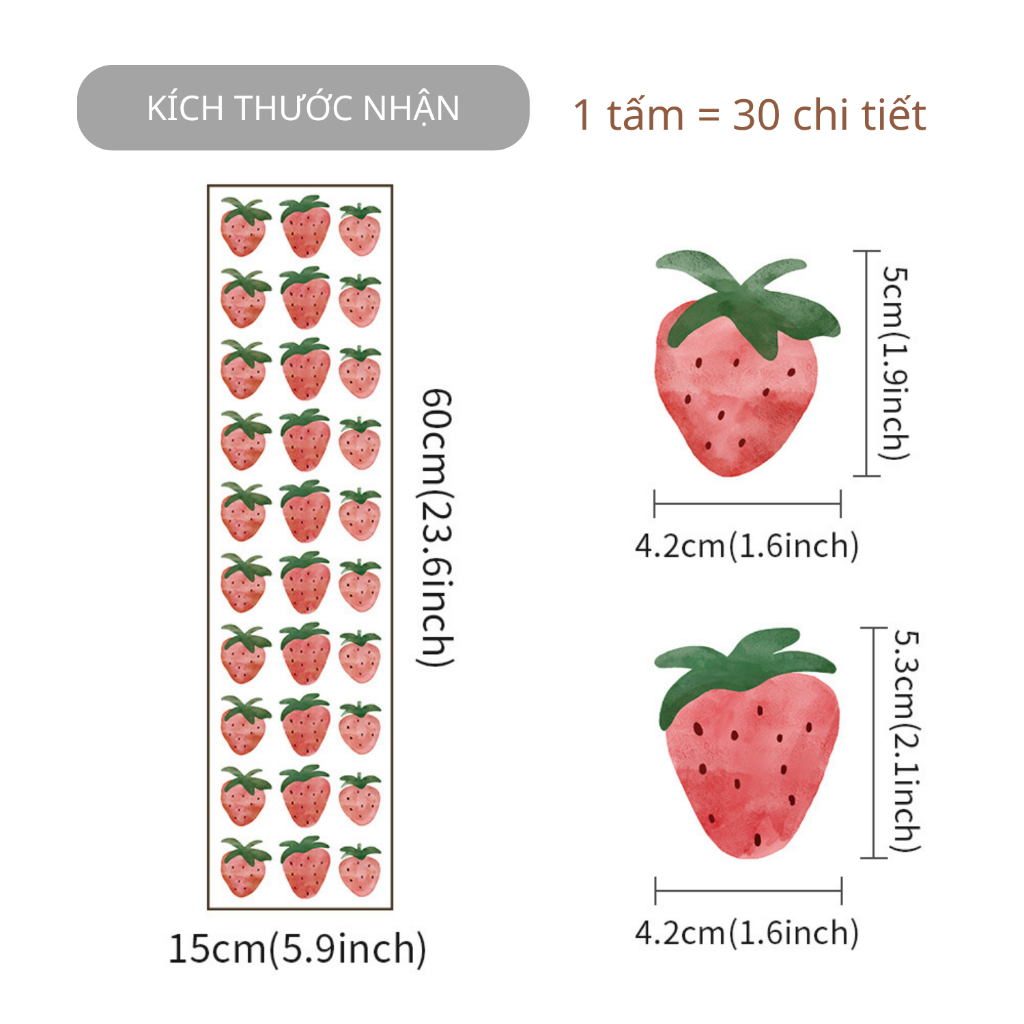 Sticker Decal Dán Tường Quả Dâu Tây Có Keo Sẵn - Trang Trí Cửa Kính - Decor Quán Cafe - Phòng Ngủ