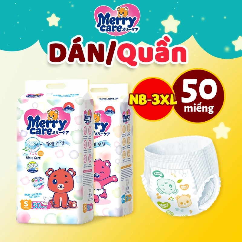 TÃ BỈM/QUẦN Merry Care bỉm em bé size NB-XXXL Công nghệ Nhật bản thấm 800ml hút thông thoáng Tã cho trẻ sơ sinh