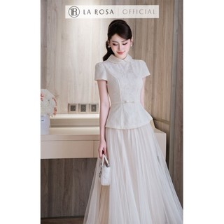 Set Váy Dài Tiểu Thư La Rosa Áo Peplum Kèm Đai Nơ Cổ Sen Xinh Phối Chân Váy Tơ Tôn Dáng S1082