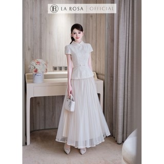 Set Váy Dài Tiểu Thư La Rosa Áo Peplum Kèm Đai Nơ Cổ Sen Xinh Phối Chân Váy Tơ Tôn Dáng S1082