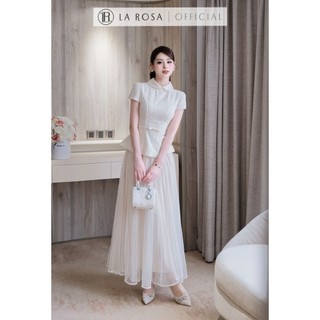 Set Váy Dài Tiểu Thư La Rosa Áo Peplum Kèm Đai Nơ Cổ Sen Xinh Phối Chân Váy Tơ Tôn Dáng S1082