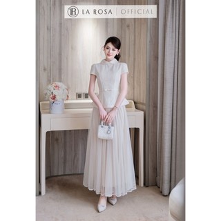 Set Váy Dài Tiểu Thư La Rosa Áo Peplum Kèm Đai Nơ Cổ Sen Xinh Phối Chân Váy Tơ Tôn Dáng S1082