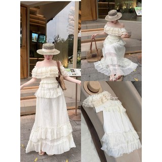 Set áo trễ vai mix chân váy maxi siêu đẹp viền ren kiểu tiểu thư công chúa kèm ảnh thật chị em chốt - Baotrang.clothes