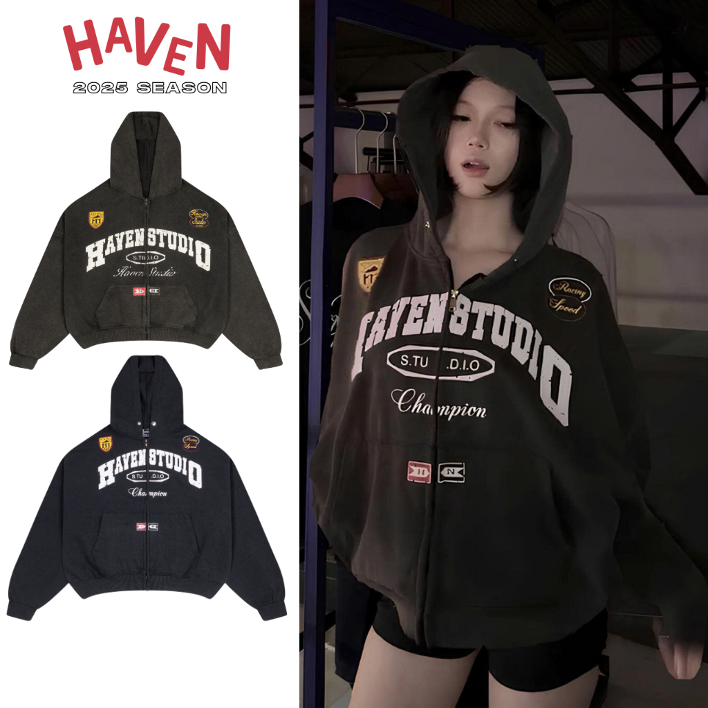 Áo Khoác Hoodie Wash Haven Studio nam nữ form boxy chất nỉ cua màu đen và xanh than