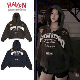 Áo Khoác Hoodie Wash Haven Studio nam nữ form boxy chất nỉ cua màu đen và xanh than