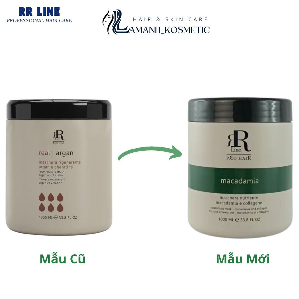 Kem ủ xả RR Line Real Macadamia 500ml - 1000ml phục hồi mềm mượt tóc hương nước hoa