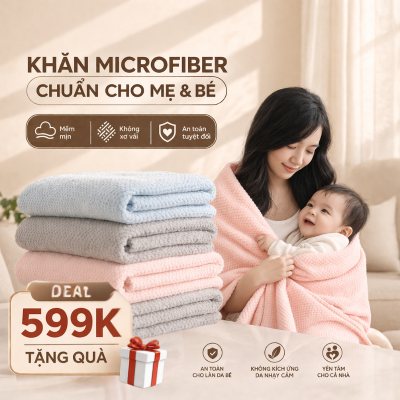 Khăn Tắm Cao Cấp Microfiber Việt Thư Công Nghệ Nhật - Thấm Hút Nhanh, Không Rụng Lông, Mềm Cho Da Bé