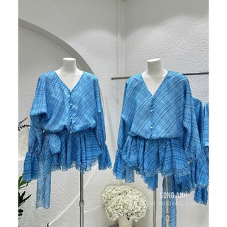 Váy kẻ xanh siêu đẹp chị em mặc đi chơi du lịch biển mát mắt dễ thương kiểu tiểu thư nhẹ nhàng xinh - Baotrang.clothes