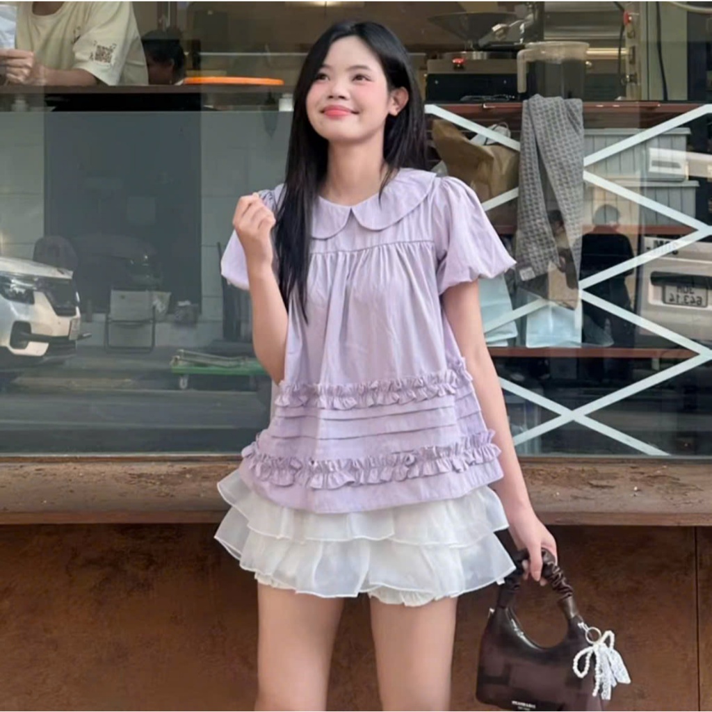 Áo sơ mi nữ cổ sen -Áo nữ cổ Peter Pan bèo tầng dễ thương Joolate form rộng tiểu thư Hàn Quốc Joolate 256