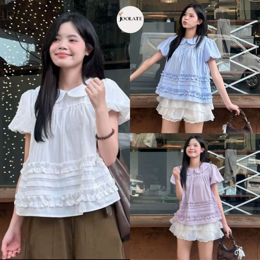 Áo sơ mi nữ cổ sen -Áo nữ cổ Peter Pan bèo tầng dễ thương Joolate form rộng tiểu thư Hàn Quốc Joolate 256