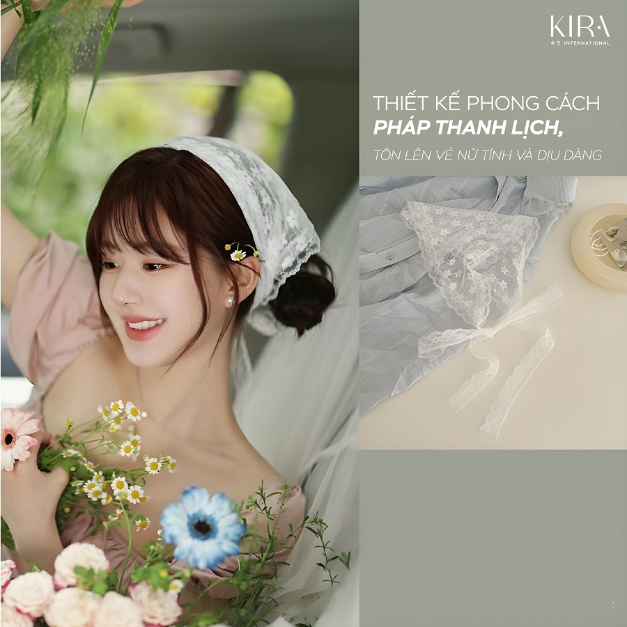 Băng đô ren trắng, khăn buộc tóc, khăn đội đầu tam giác phong cách Pháp, khăn vuông thời trang – phụ kiện tóc nữ