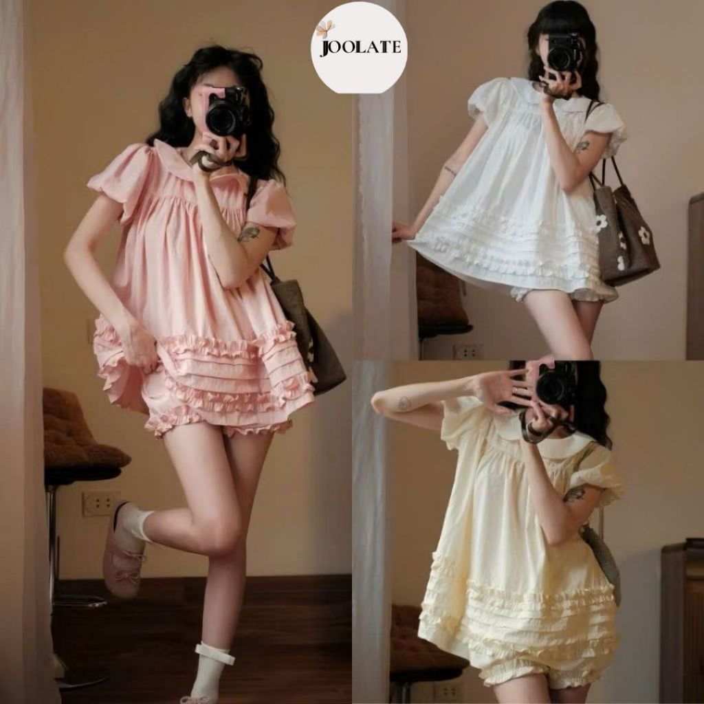 Áo sơ mi nữ cổ sen -Áo nữ cổ Peter Pan bèo tầng dễ thương Joolate form rộng tiểu thư Hàn Quốc Joolate 256
