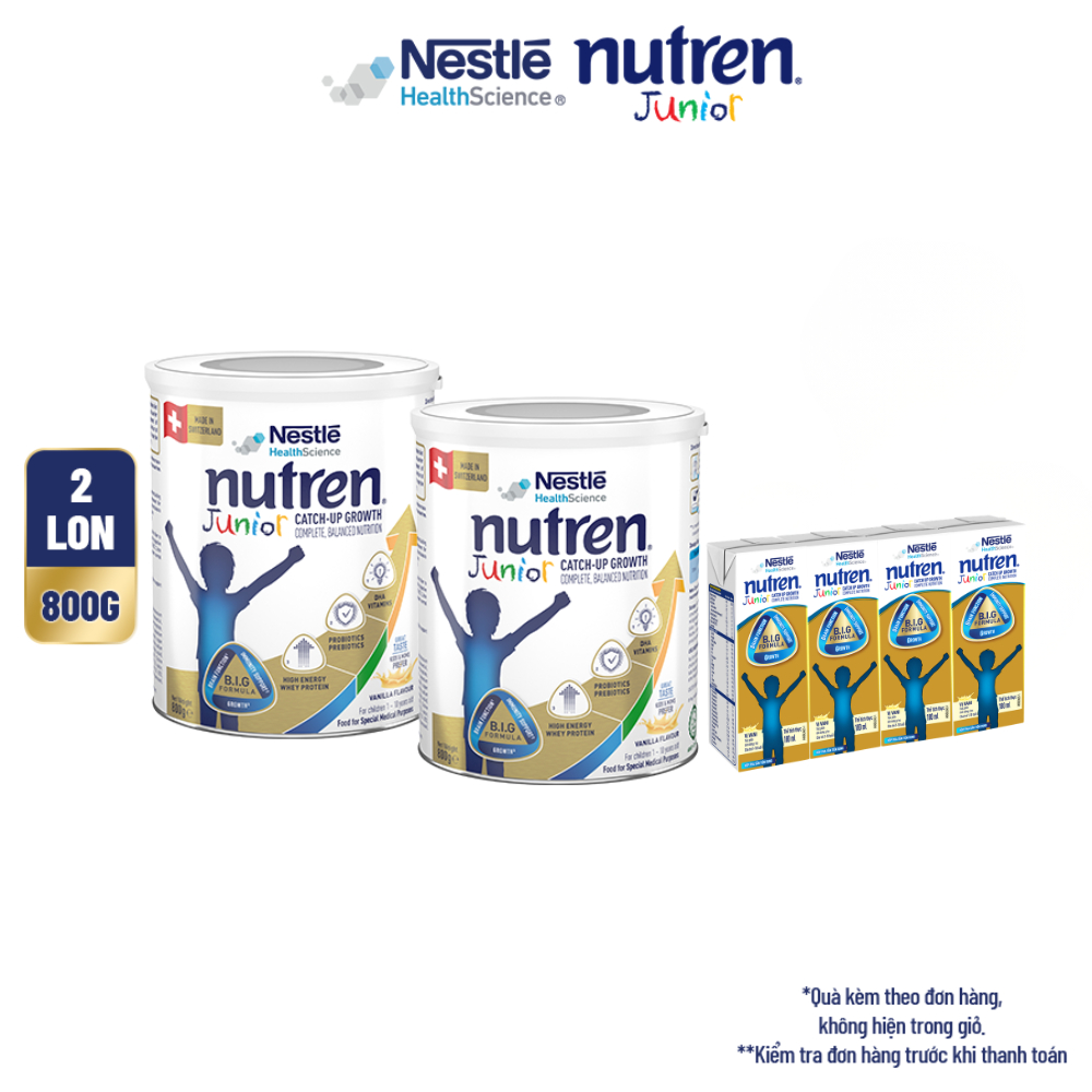 Bộ 2 Sữa Bột NESTLÉ NUTREN JUNIOR Thụy Sĩ Với Công Thức BIG Hỗ Trợ Tăng Trưởng Cho Bé 800G+Lốc 4 hộp sữa pha sẵn 180ML