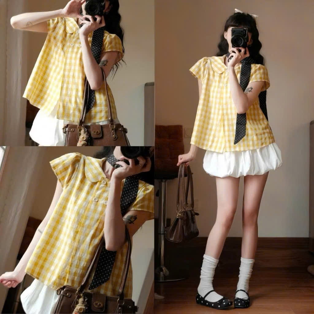 Set Áo Babydoll Kẻ Caro Tay Phồng Joolate  Mix Chân Váy Bí – Set Đồ Nữ Dễ Thương Hàn Quốc Mùa Hè 1211
