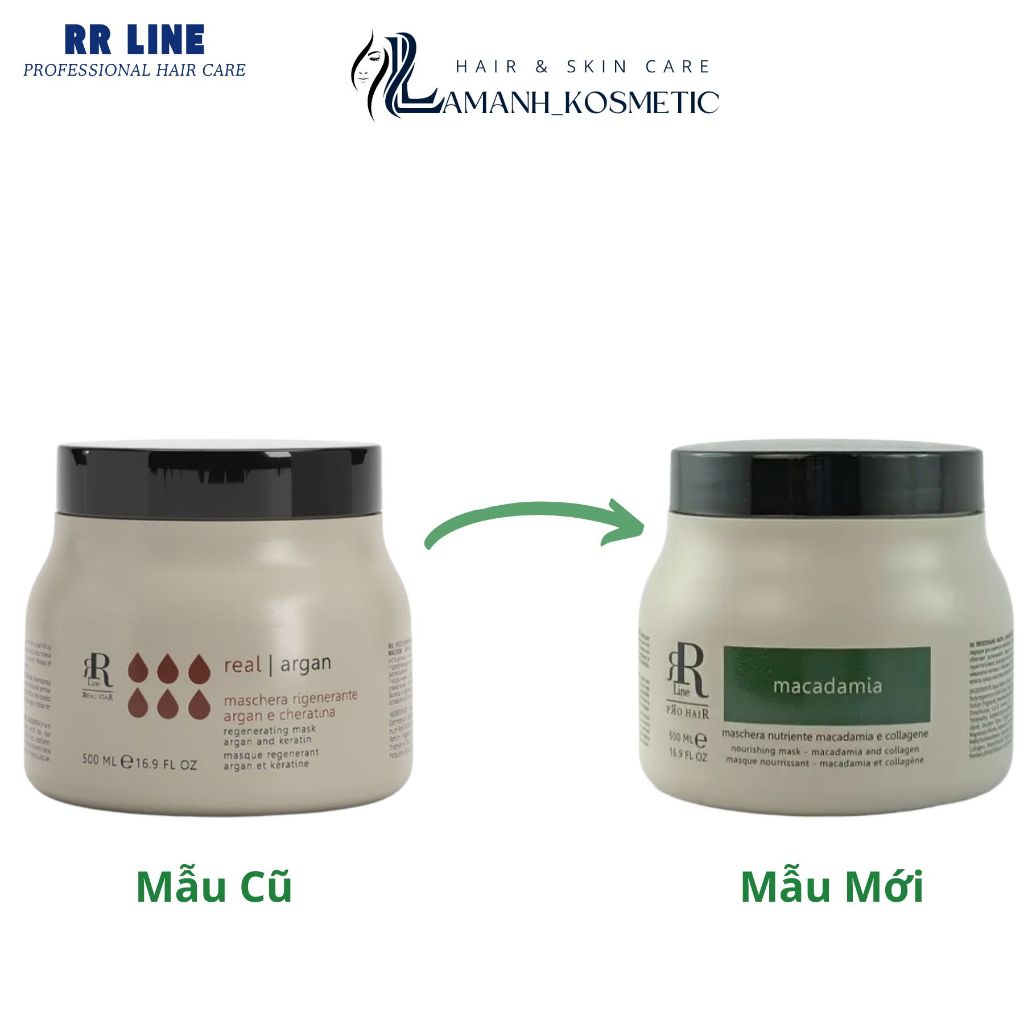Kem ủ xả RR Line Real Macadamia 500ml - 1000ml hỗ trợ phục hồi tóc mềm mượt, giảm rụng tóc