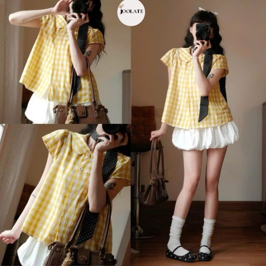 Set Áo Babydoll Kẻ Caro Tay Phồng Joolate  Mix Chân Váy Bí – Set Đồ Nữ Dễ Thương Hàn Quốc Mùa Hè 1211