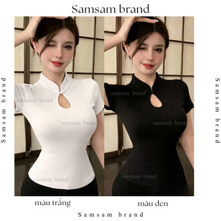 Áo thun nữ cổ tàu thiết kế khoét giọt lệ tay ngắn cách tân ôm dáng cottonSAMSAM Women 002