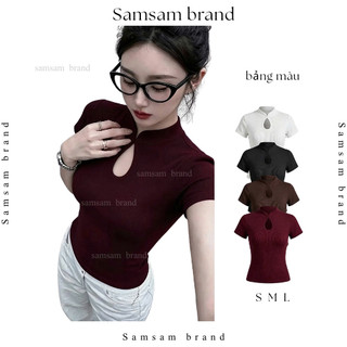 Áo thun nữ cổ tàu thiết kế khoét giọt lệ tay ngắn cách tân ôm dáng cottonSAMSAM Women 002