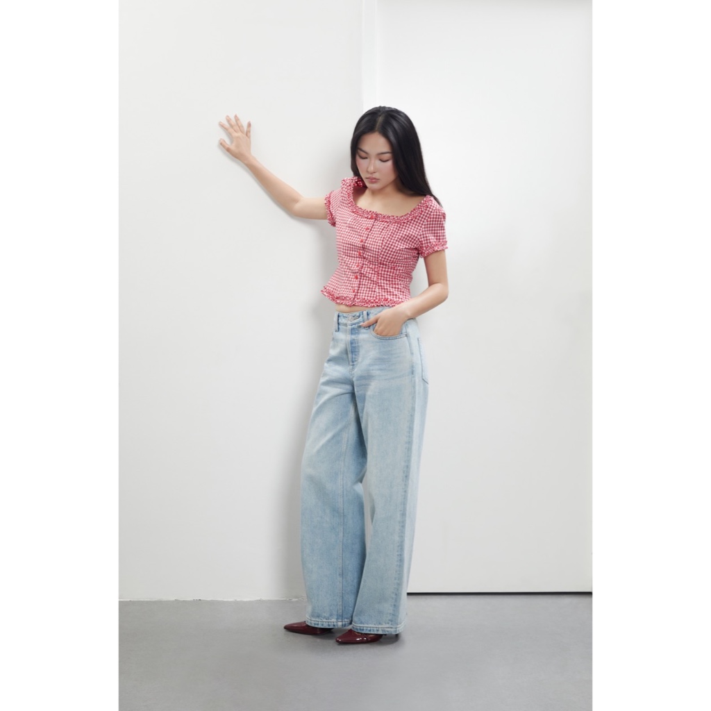 TheBlueTshirt - Áo kiểu nữ caro gingham dáng ôm xoè nhẹ có bèo trang trí nữ tính - Florence Top
