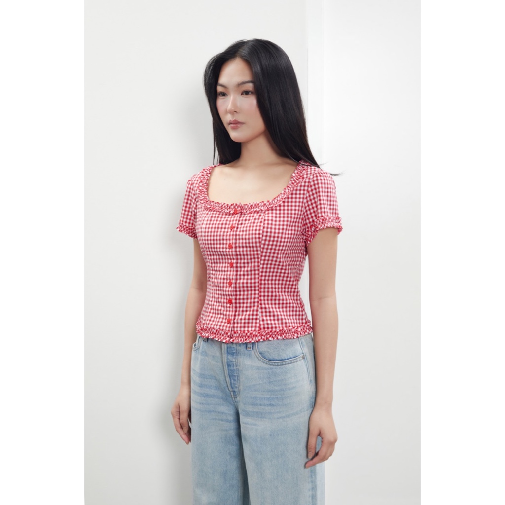 TheBlueTshirt - Áo kiểu nữ caro gingham dáng ôm xoè nhẹ có bèo trang trí nữ tính - Florence Top
