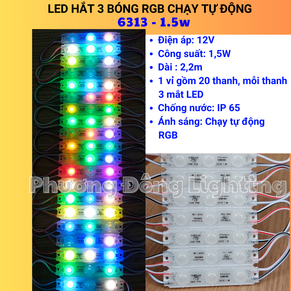 LED Hắt tự chạy RGB 12v 6113 - 6313 - 7520 Chạy Đuổi Tự Động Chống nước, Vỉ 20 thanh Dài 2,2m