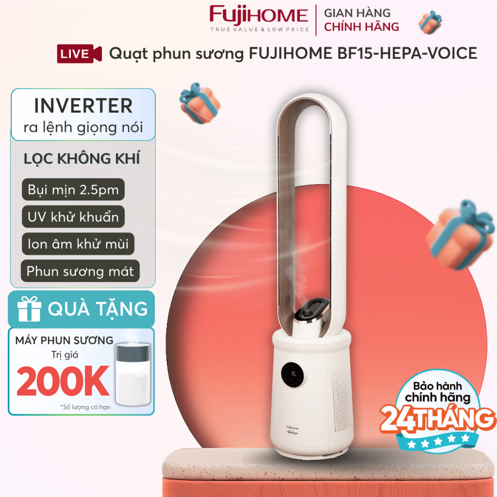Quạt không cánh inverter Nhập Khẩu FUJIHOME BF15 HEPA VOICE, Quạt tháp lọc không khí điều khiển giọng nói