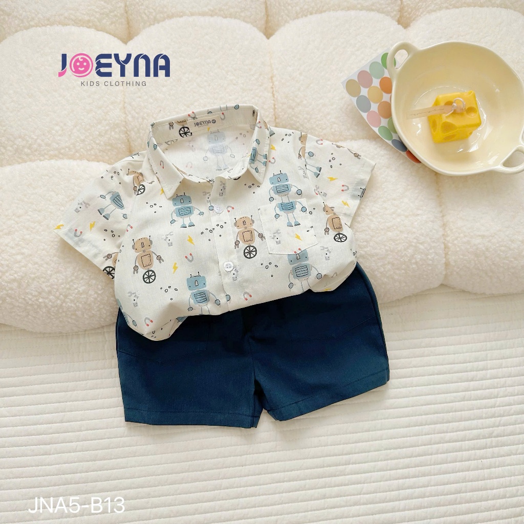 (Hãng JOEYNA)Bộ sơ mi họa tiết ROBOT ,áo chất thô hàn, phối quần kaiki mềm mại cho bé đi học đi chơi 9-24kg
