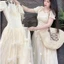 Đầm váy dài, đầm tiểu thư đi tiệc Ren hoa dáng dài cổ yếm mút ngực tay búp phối tùng tơ 2 lớp