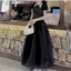 Đầm váy dài, đầm tiểu thư đi tiệc Ren hoa dáng dài cổ yếm mút ngực tay búp phối tùng tơ 2 lớp