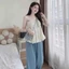Set công sở, thiết kế mặc hè tiểu thư đi biển áo hai dây tùng bí nhấn ngực kèm quần QC phối bèo