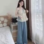 Set công sở, thiết kế mặc hè tiểu thư đi biển áo hai dây tùng bí nhấn ngực kèm quần QC phối bèo