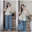 Set công sở, thiết kế mặc hè tiểu thư đi biển áo hai dây tùng bí nhấn ngực kèm quần QC phối bèo