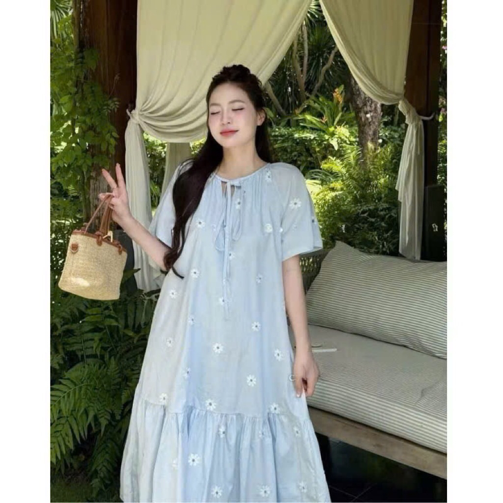 Đầm Bầu Mùa Hè Thiết Kế Đi Biển Hai Dây Màu Xanh Dáng Suông Dài Mẫu Mới Thời Trang